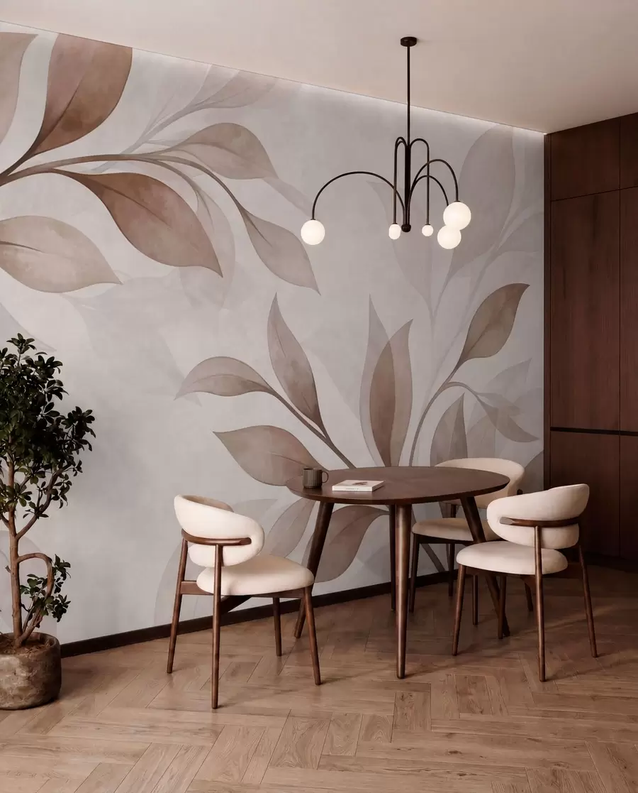 murales de pared Hojas grandes en tonos cálidos de beige y marrón w05693v1
