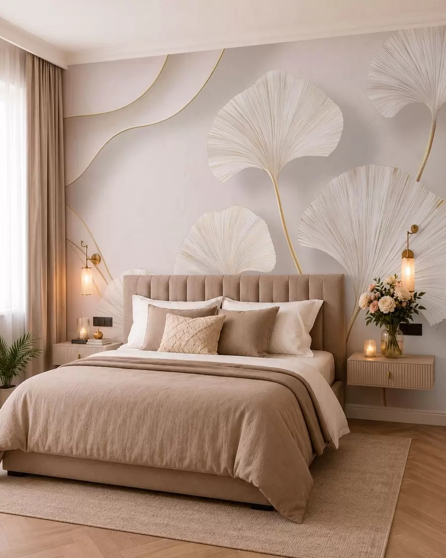 murales de pared Hojas de ginkgo de color claro y gran volumen, con líneas fluidas sobre un fondo de mármol w05734