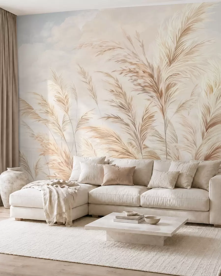 murales de pared Tallos suaves y altos de trigo y hierba bajo un cielo nublado w05735