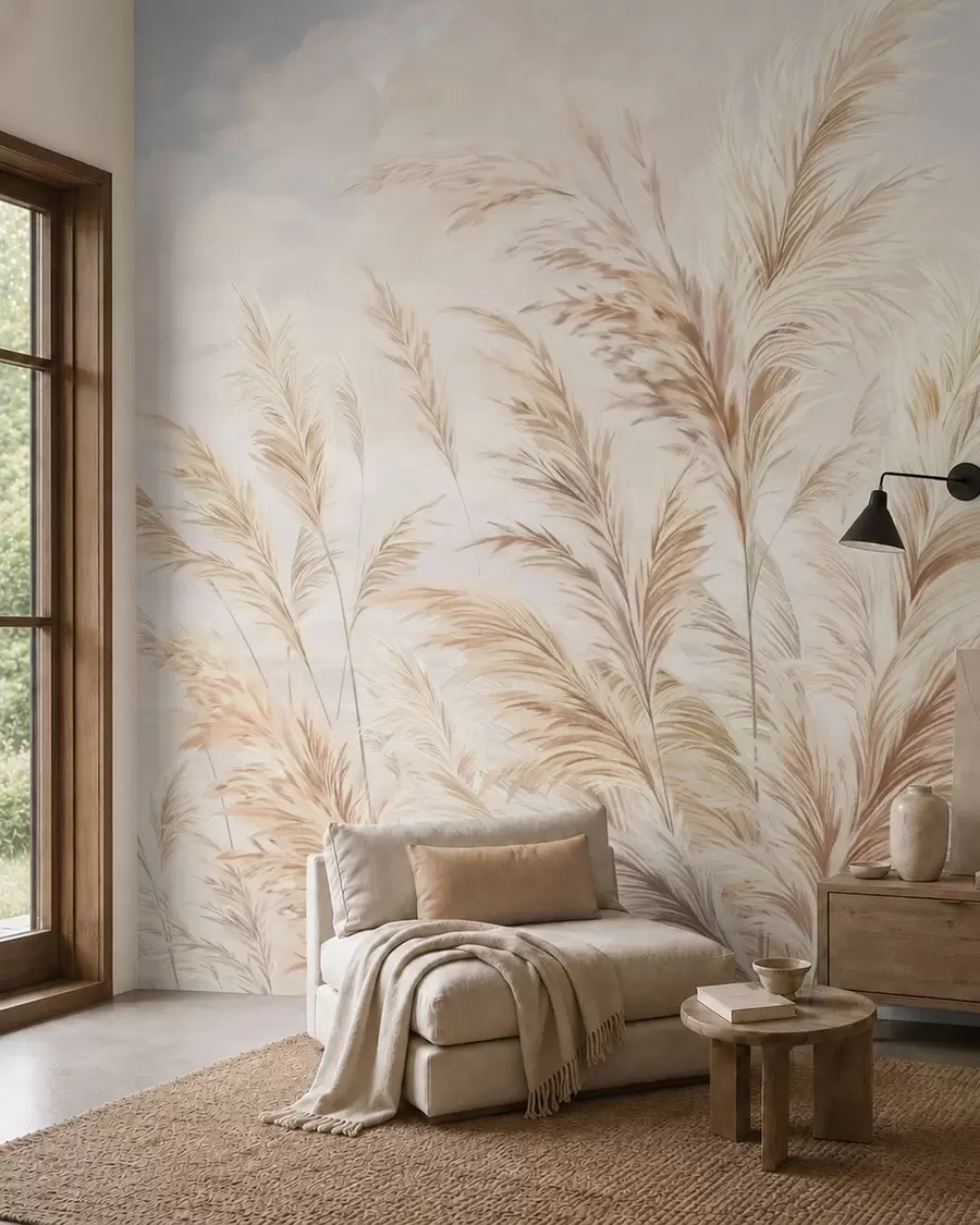 murales de pared Tallos suaves y altos de trigo y hierba bajo un cielo nublado w05735