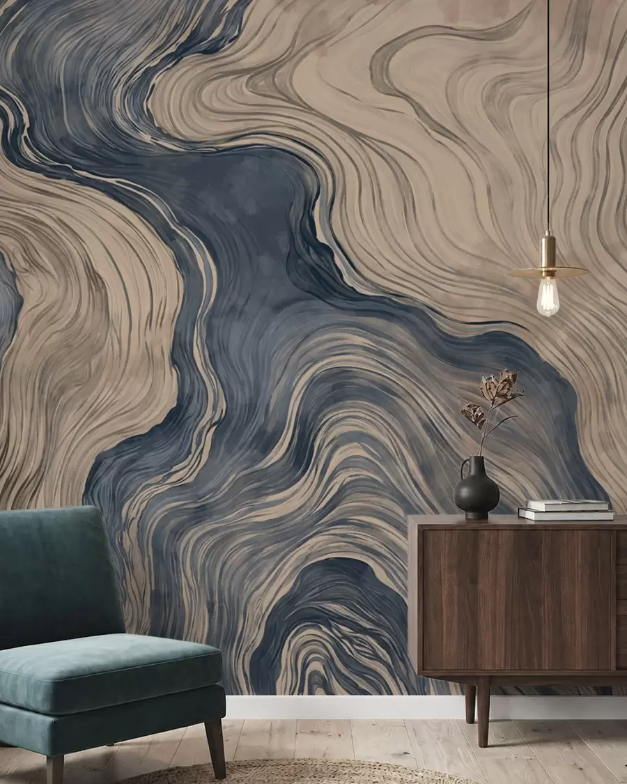 murales de pared Un estampado abstracto con un diseño lineal que imita la veta de la madera en tonos azules w05729v1