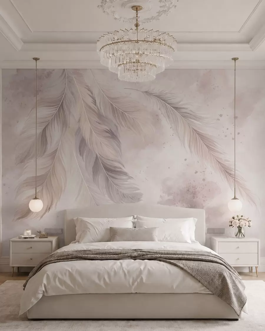 murales de pared Delicadas plumas sobre un fondo de acuarela en tonos pastel w05737