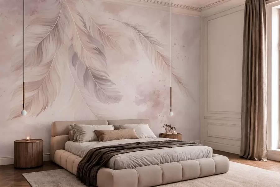 murales de pared Delicadas plumas sobre un fondo de acuarela en tonos pastel w05737