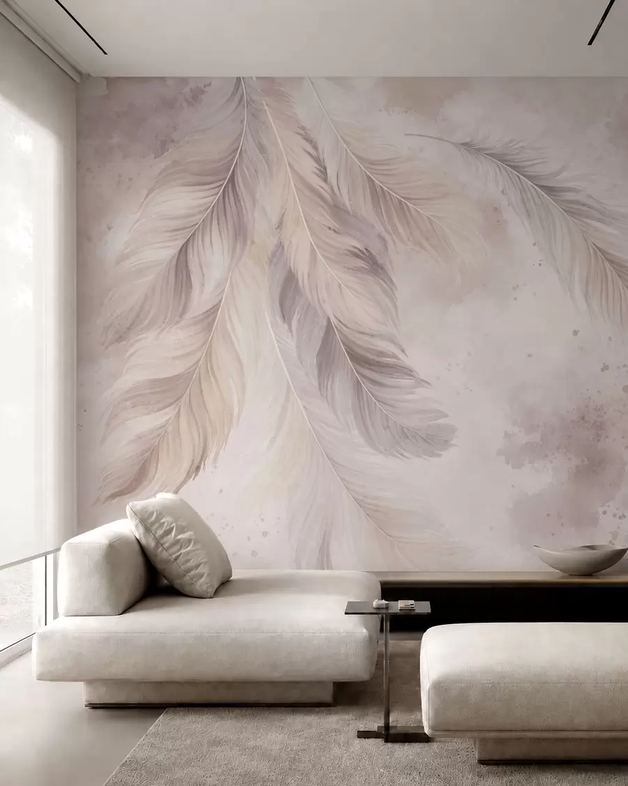 murales de pared Delicadas plumas sobre un fondo de acuarela en tonos pastel w05737
