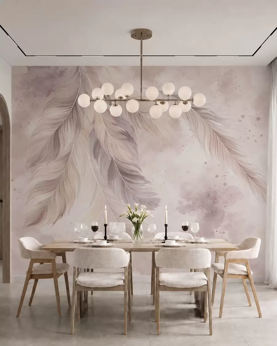 murales de pared Delicadas plumas sobre un fondo de acuarela en tonos pastel w05737