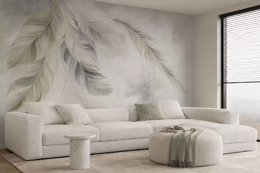 murales de pared Plumas de colores claros sobre un fondo suave de acuarela w05737v1