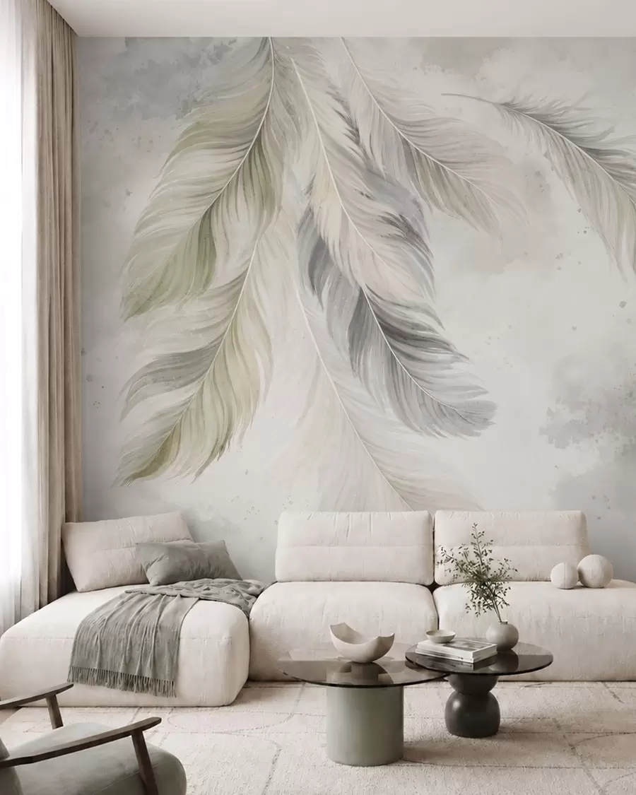 murales de pared Plumas de colores claros sobre un fondo suave de acuarela w05737v1