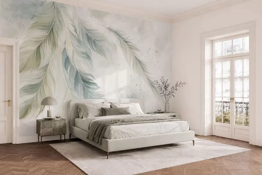 murales de pared Plumas de colores claros sobre un delicado fondo de acuarela w05737v2