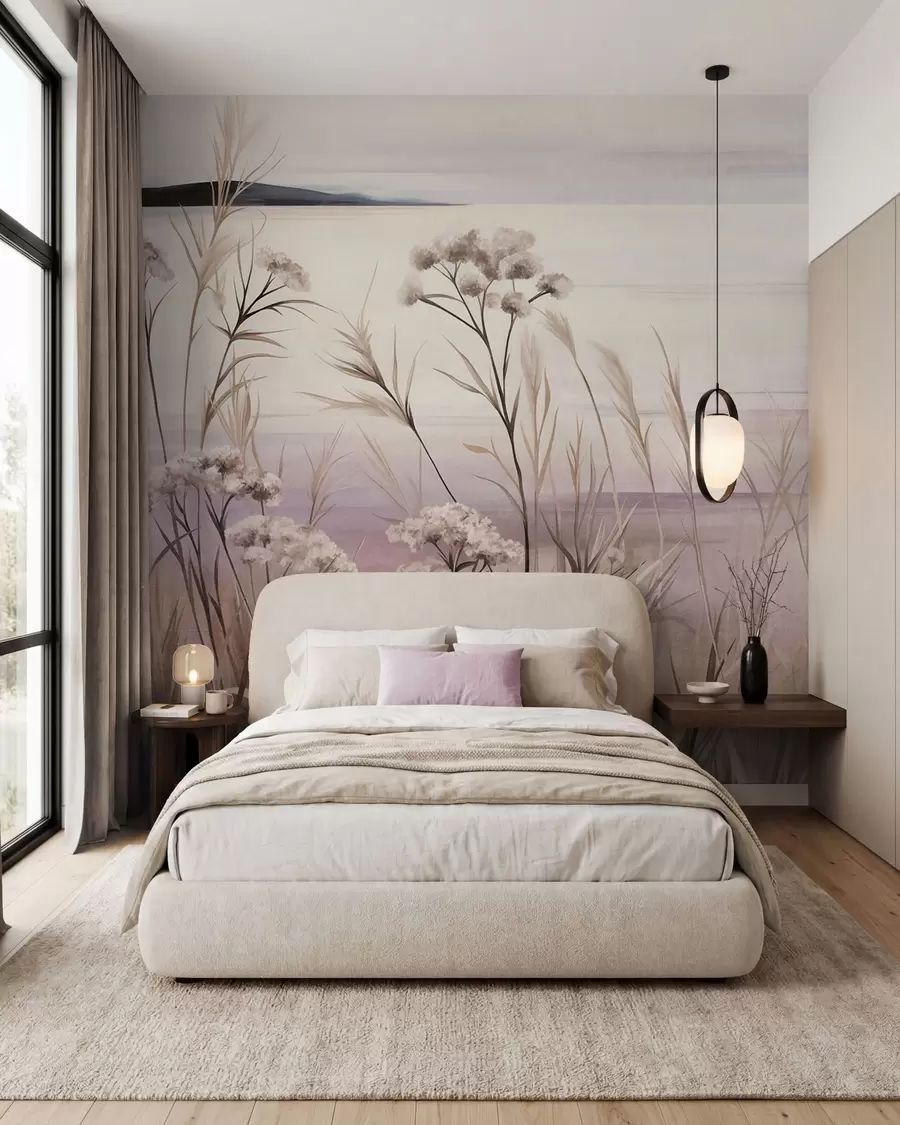 murales de pared Paisaje con flores secas y hierba alta cerca del río, y un cielo suave en tonos pastel w09939
