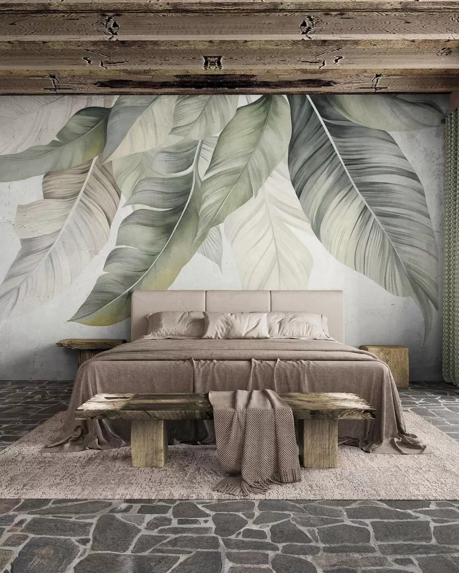 murales de pared Hojas de plátano grandes, de color verde pálido y con nervaduras detalladas; ilustración con textura; fondo claro w09941