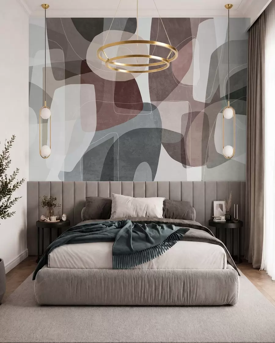 murales de pared Formas abstractas en tonos tierra apagados con finas líneas blancas y texturas superpuestas w09942