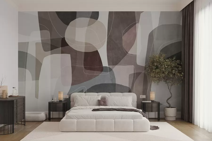 murales de pared Formas abstractas en tonos tierra apagados con finas líneas blancas y texturas superpuestas w09942