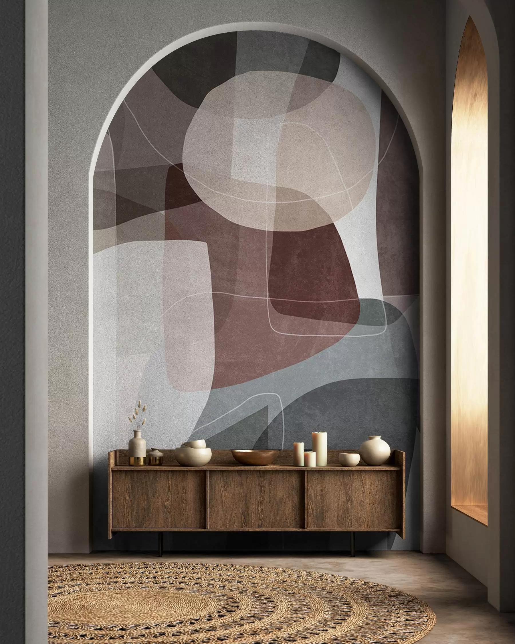 murales de pared Formas abstractas en tonos tierra apagados con finas líneas blancas y texturas superpuestas w09942