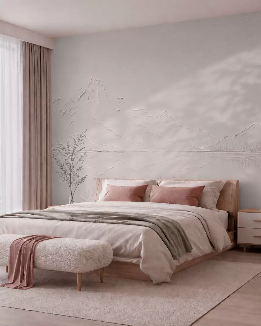 murales de pared Un paisaje montañoso de color rosa claro y con textura, con un lago que parece un espejo w05739v1