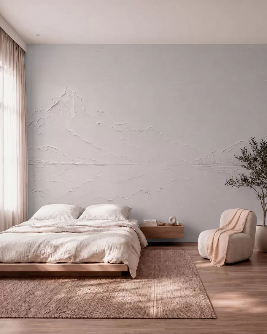 murales de pared Un paisaje montañoso de color rosa claro y con textura, con un lago que parece un espejo w05739v1
