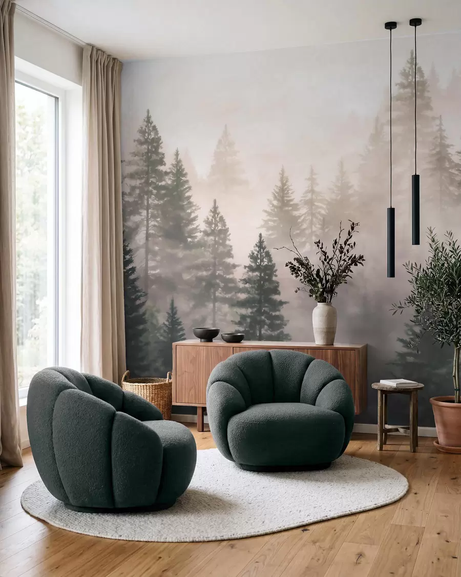 murales de pared Bosque de coníferas envuelto en niebla, en tonos verde oscuro, al estilo de la acuarela w09929