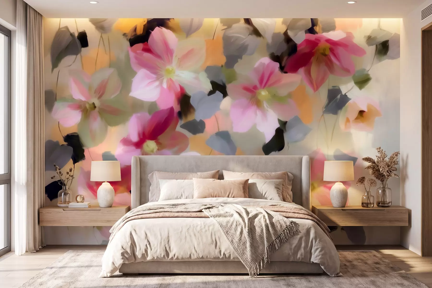 murales de pared Composición luminosa y aireada con flores colgantes en estilo acuarela w09931