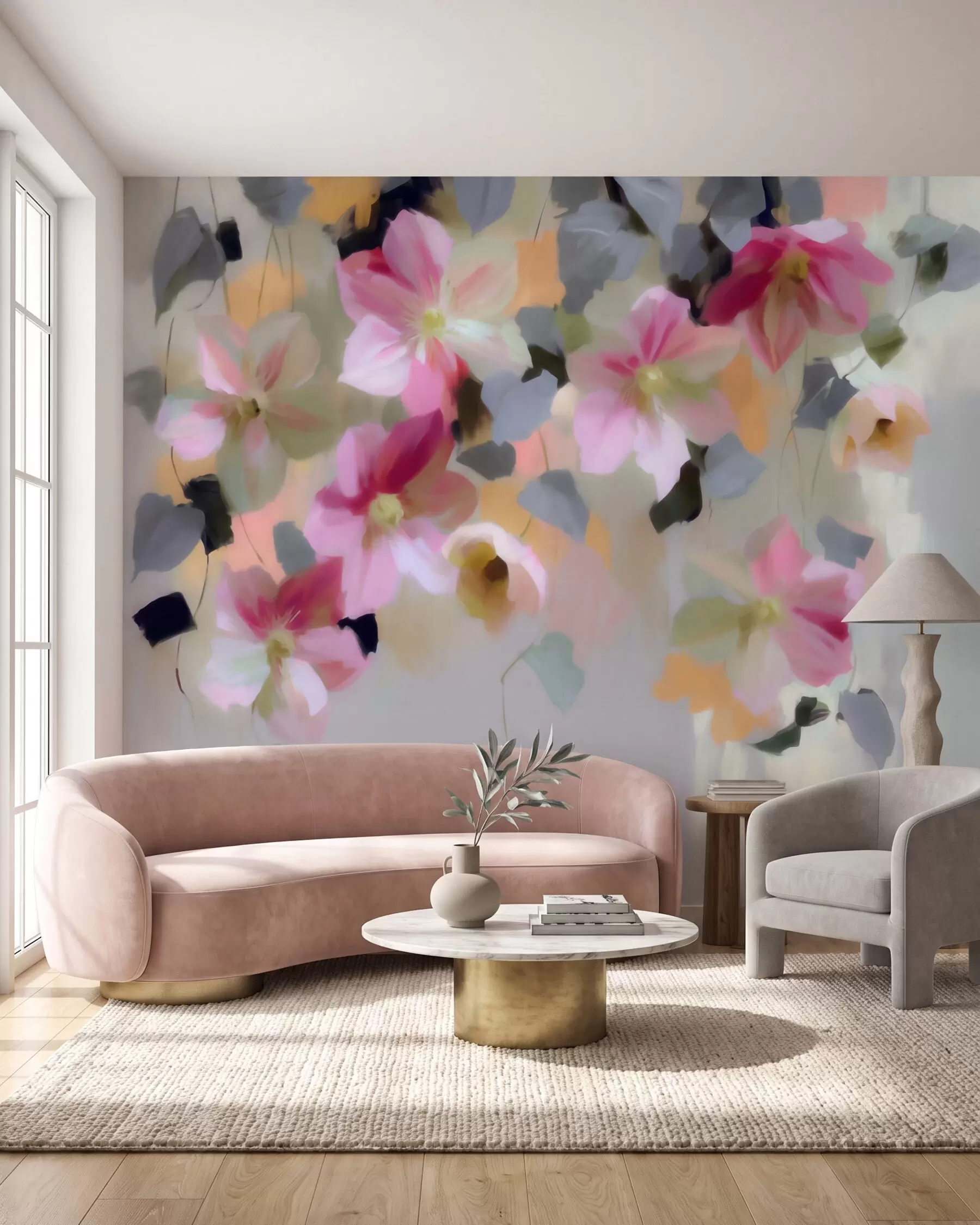 murales de pared Composición luminosa y aireada con flores colgantes en estilo acuarela w09931