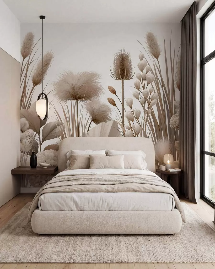murales de pared Flores secas altas de color beige en tonos neutros w09932