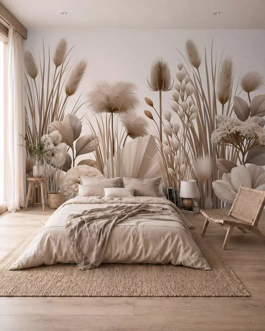 murales de pared Flores secas altas de color beige en tonos neutros w09932