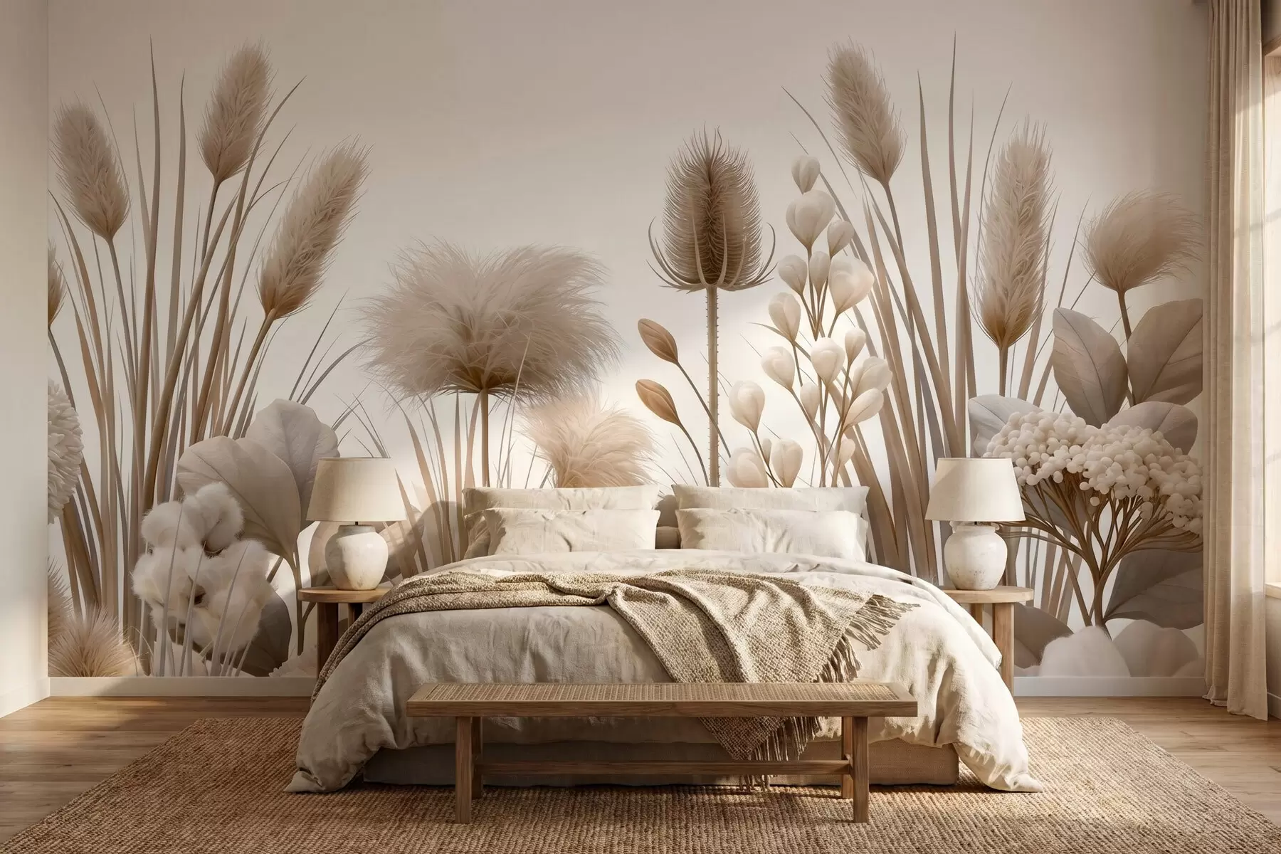 murales de pared Flores secas altas de color beige en tonos neutros w09932