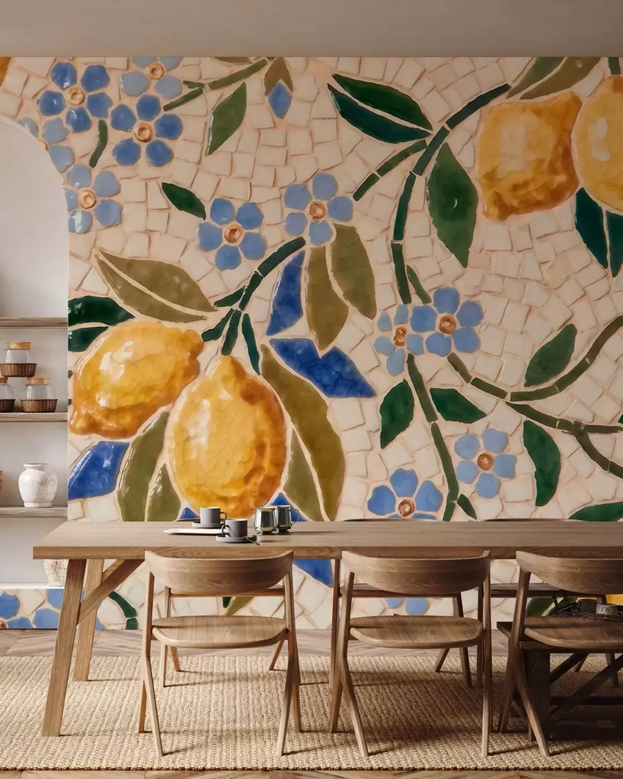 murales de pared Composición decorativa de colores vivos, al estilo de un mosaico cerámico, con jugosos limones, flores, hojas y ramas w09948