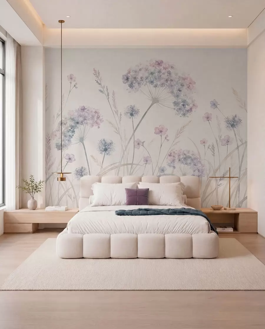 murales de pared Flores de prado en suaves tonos azules y lila w05731