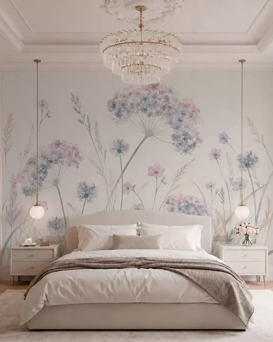 murales de pared Flores de prado en suaves tonos azules y lila w05731