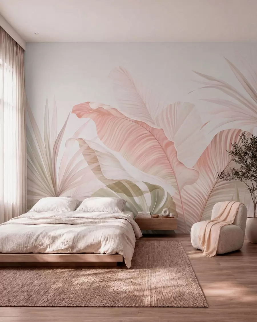 murales de pared Hojas tropicales de aspecto suave en tonos pastel w05810