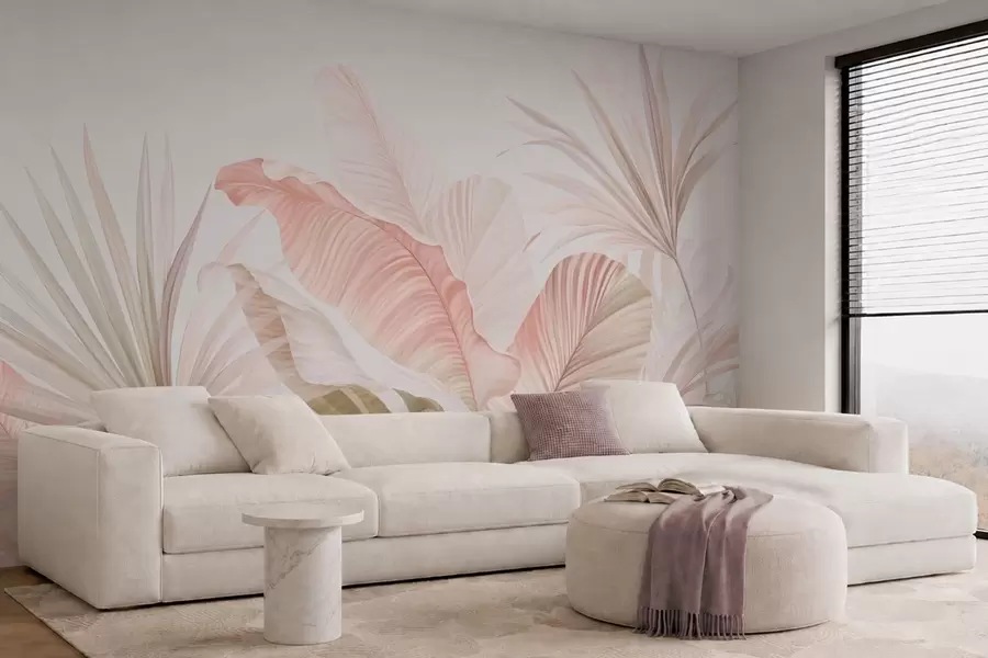 murales de pared Hojas tropicales de aspecto suave en tonos pastel w05810