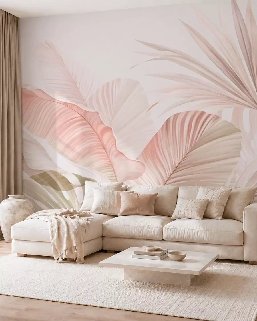 murales de pared Hojas tropicales de aspecto suave en tonos pastel w05810