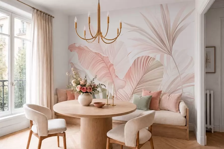 murales de pared Hojas tropicales de aspecto suave en tonos pastel w05810