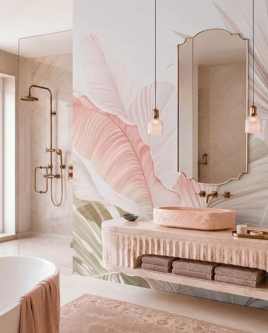 murales de pared Hojas tropicales de aspecto suave en tonos pastel w05810