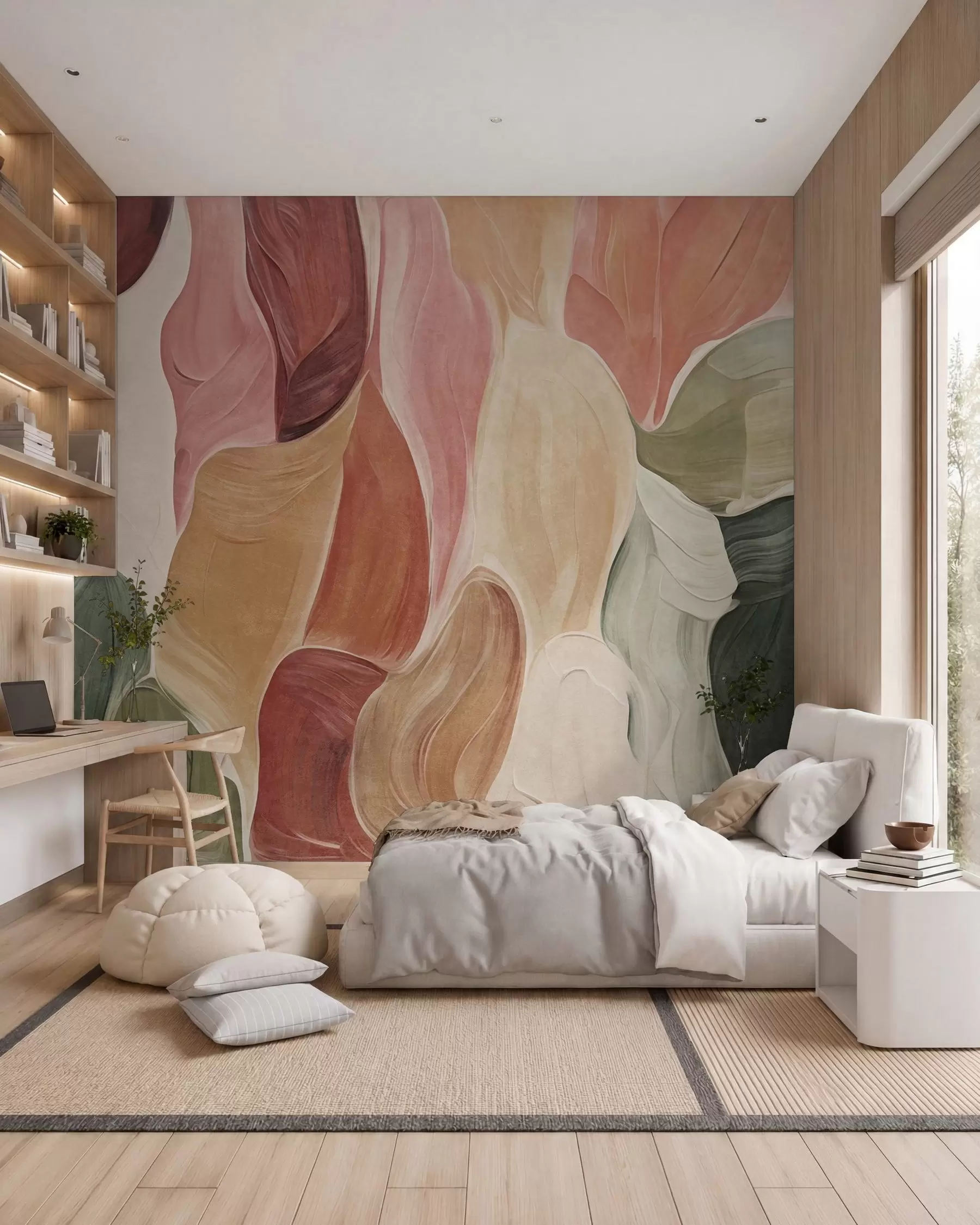 murales de pared Formas abstractas en tonos apagados de rosa, melocotón y verde, con imitación de pinceladas w09908