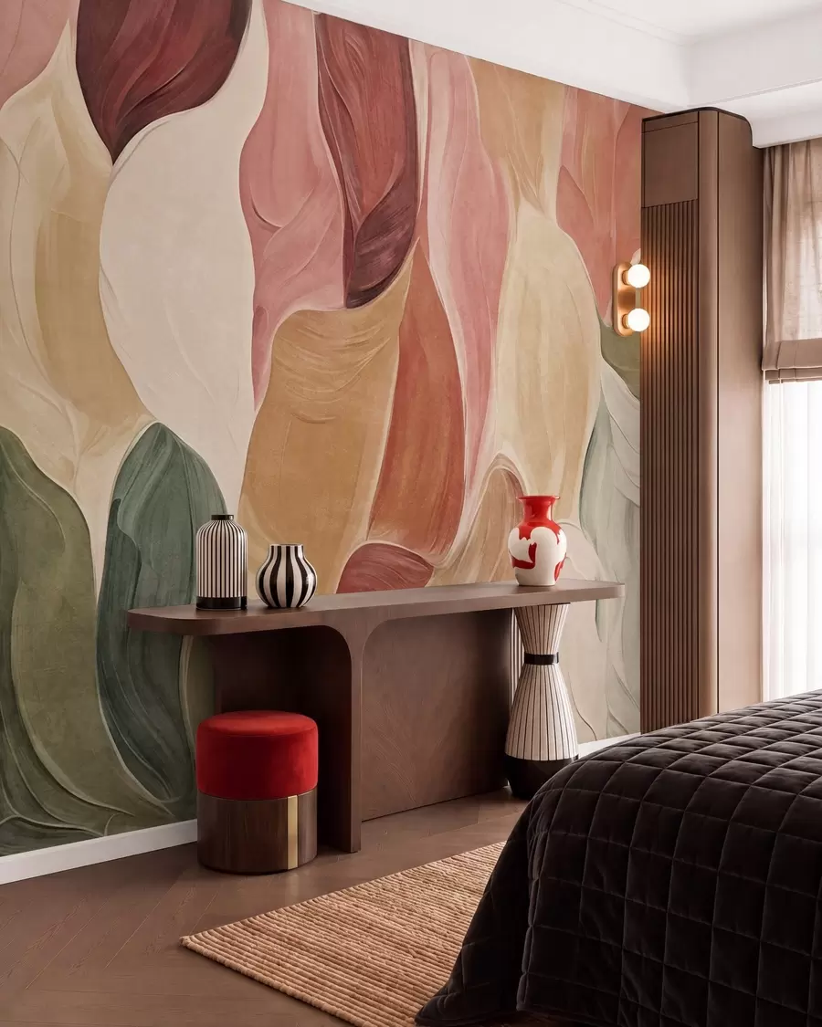 murales de pared Formas abstractas en tonos apagados de rosa, melocotón y verde, con imitación de pinceladas w09908