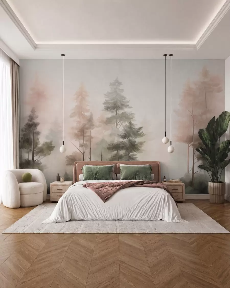 murales de pared Bosque con textura, con altos pinos en tonos verdes y rosas, envuelto en una suave y ligera niebla w09982