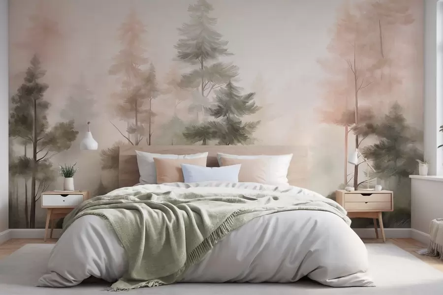 murales de pared Bosque con textura, con altos pinos en tonos verdes y rosas, envuelto en una suave y ligera niebla w09982
