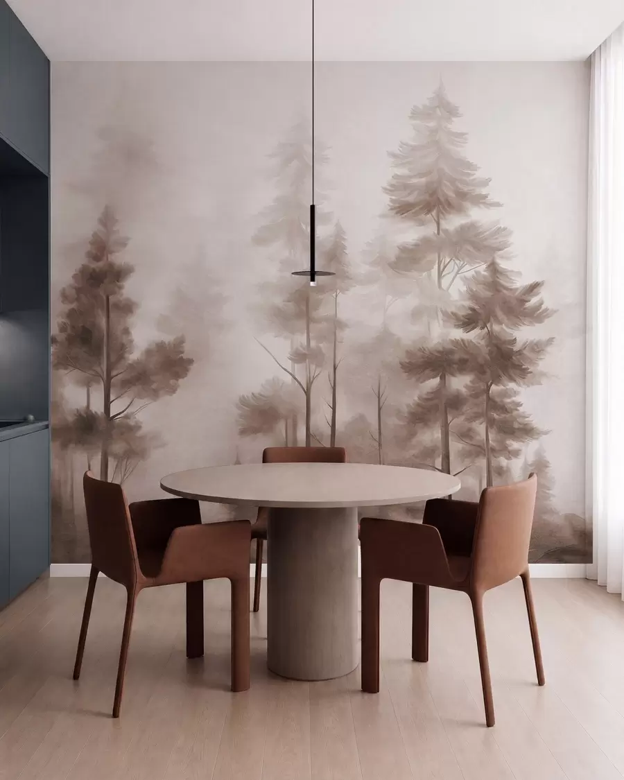 murales de pared Bosque con textura, con altos pinos en tonos marrones y una suave niebla w09982v1