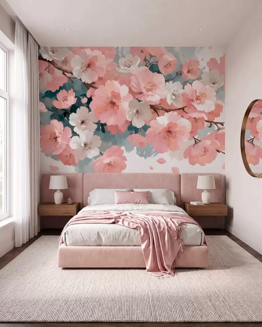 murales de pared Cerezos en flor con flores rosas y blancas, pintados al óleo w09912