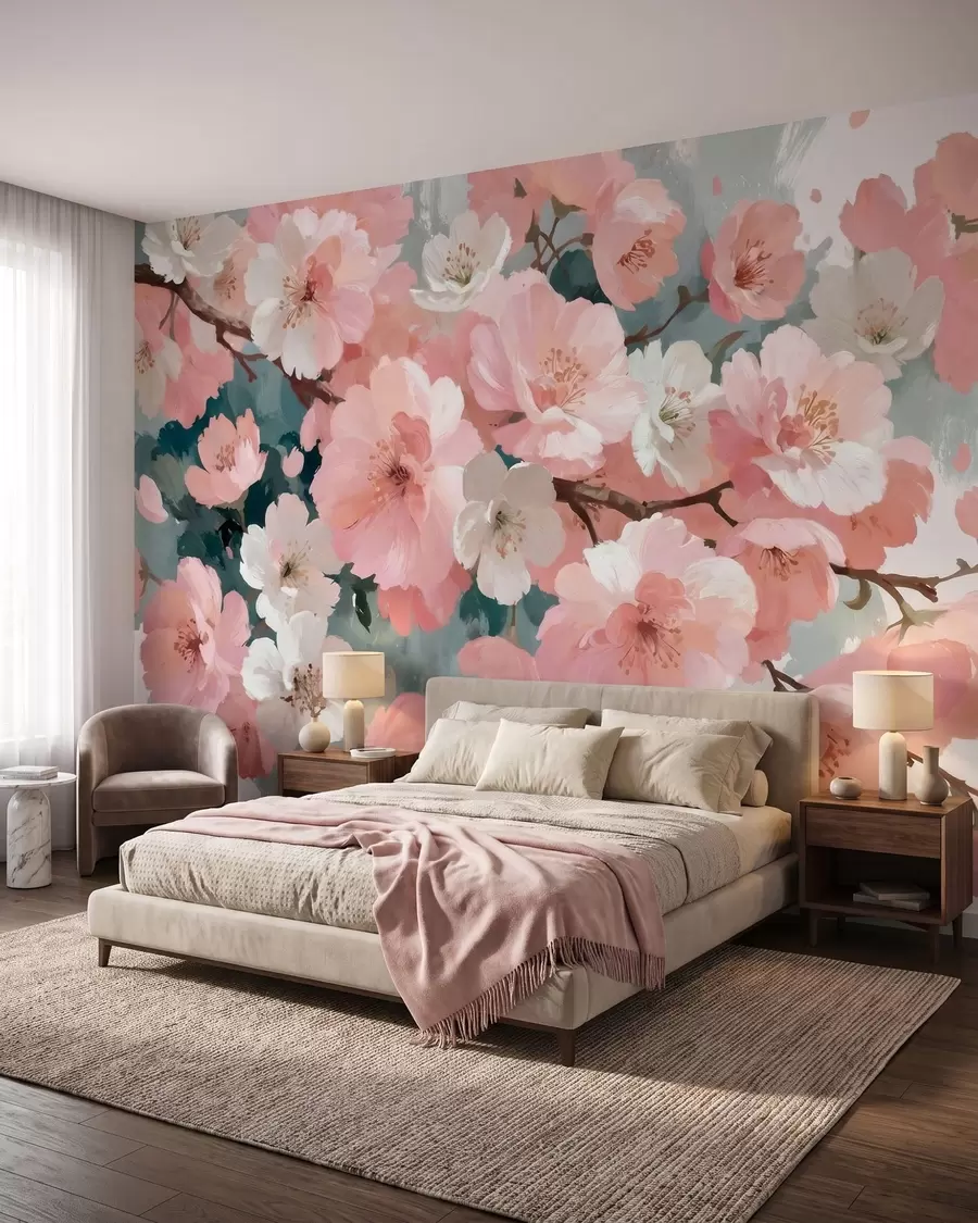murales de pared Cerezos en flor con flores rosas y blancas, pintados al óleo w09912