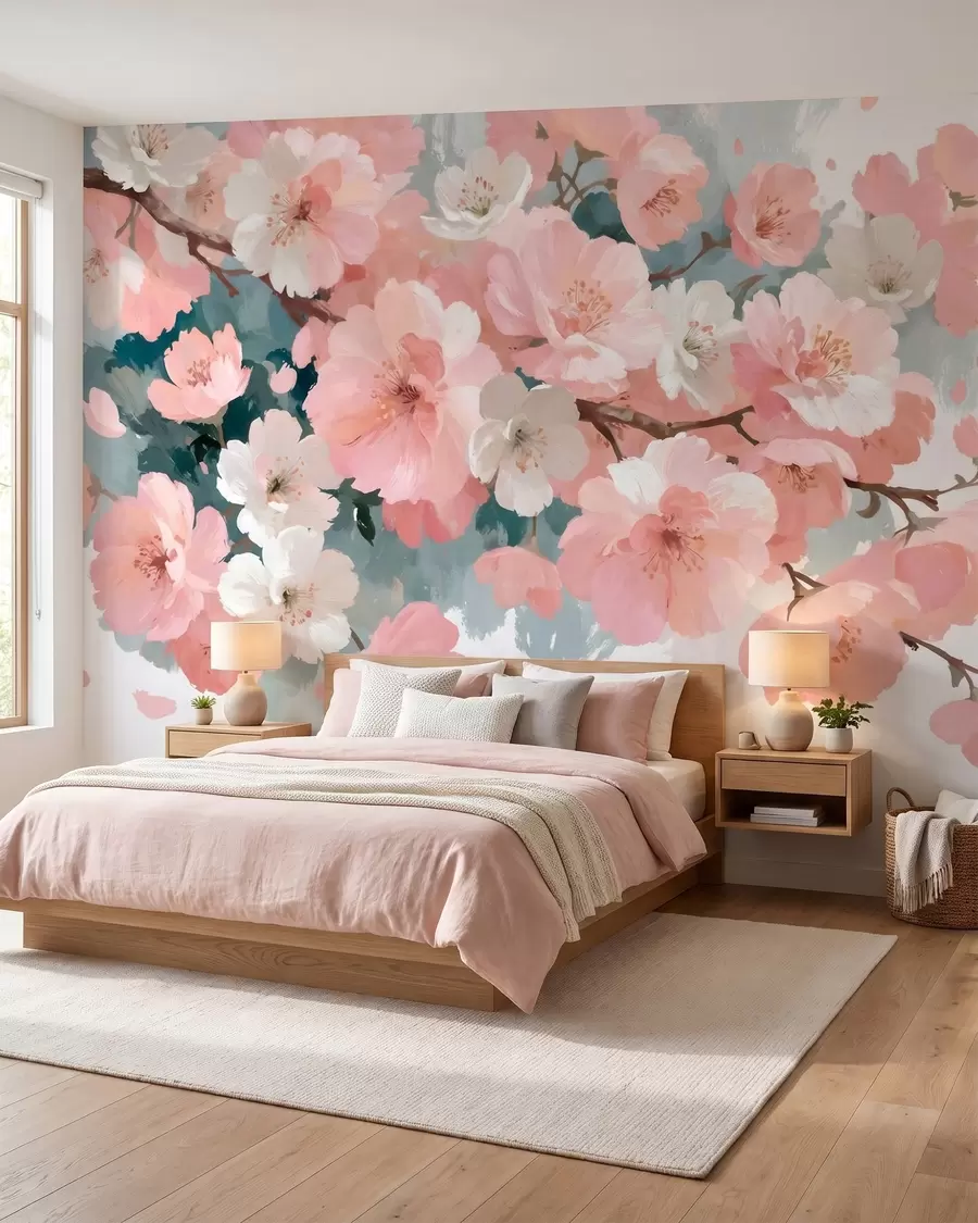 murales de pared Cerezos en flor con flores rosas y blancas, pintados al óleo w09912