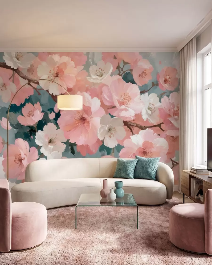murales de pared Cerezos en flor con flores rosas y blancas, pintados al óleo w09912