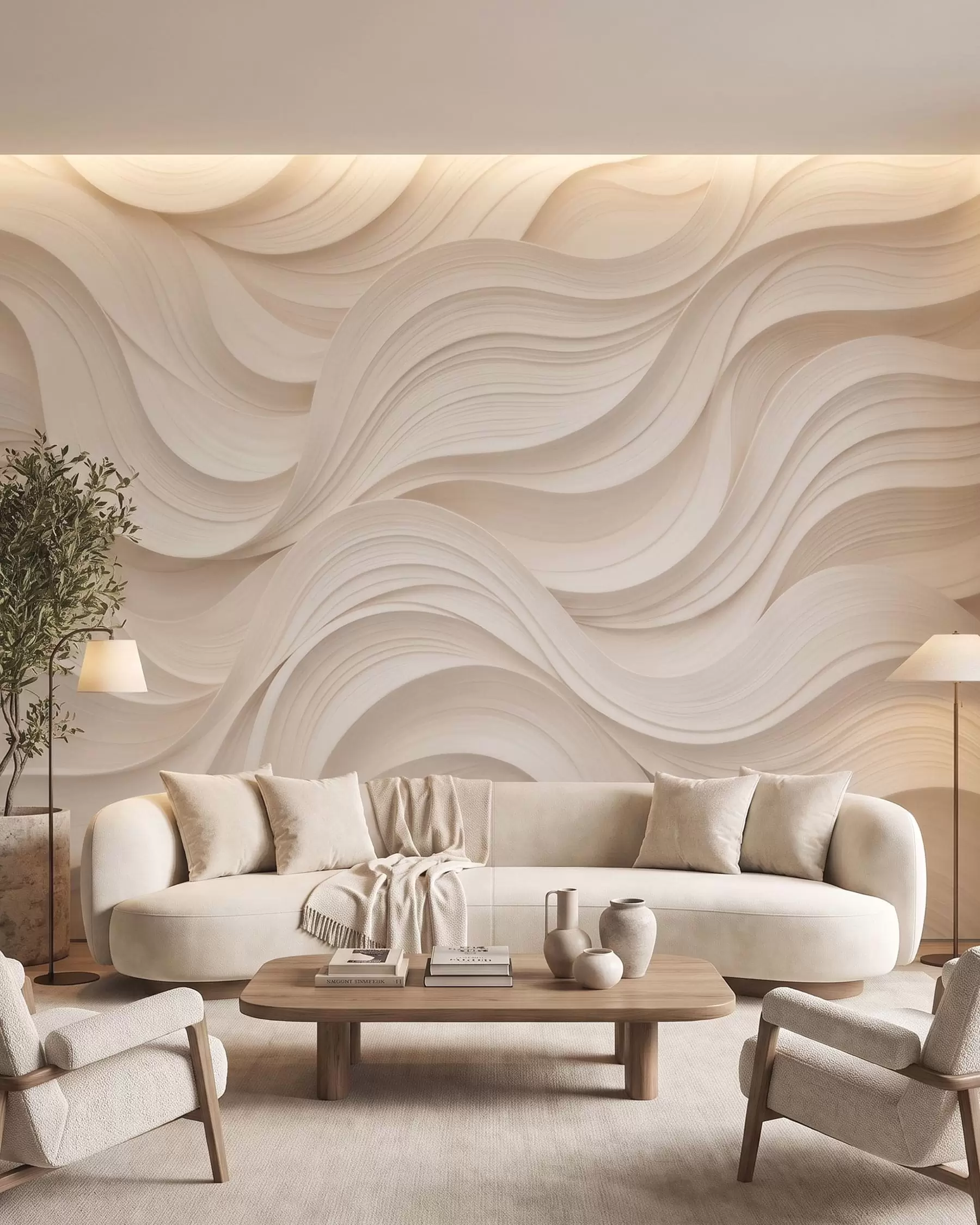 murales de pared Olas abstractas de color beige en estilo 3D w09957
