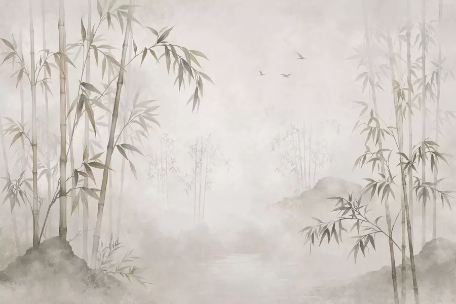 murales de pared Un bosque de bambú envuelto en niebla junto a unas aguas tranquilas w05732