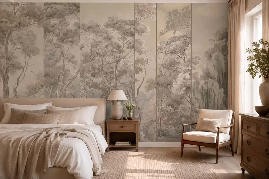 murales de pared Un bosque panorámico con árboles altos en tonos suaves y cálidos w05811