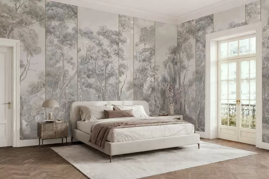 murales de pared Un bosque panorámico con árboles altos en tonos suaves y frescos w05811v1