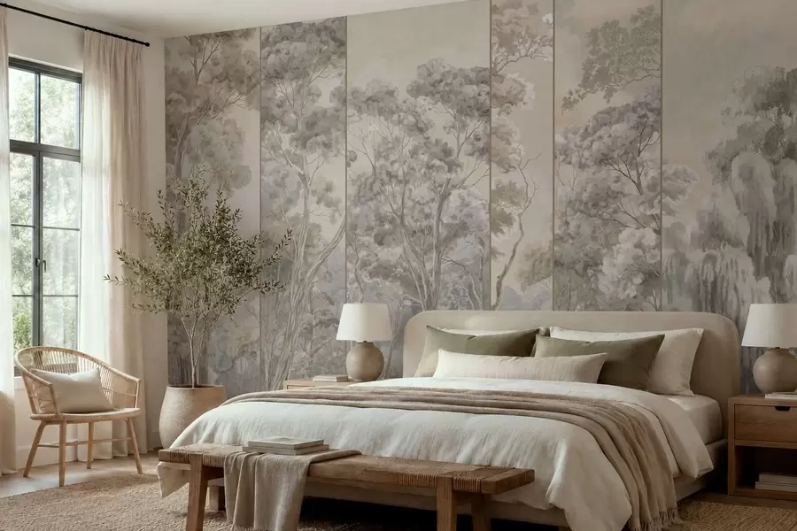 murales de pared Un bosque panorámico con árboles altos en tonos suaves w05811v2