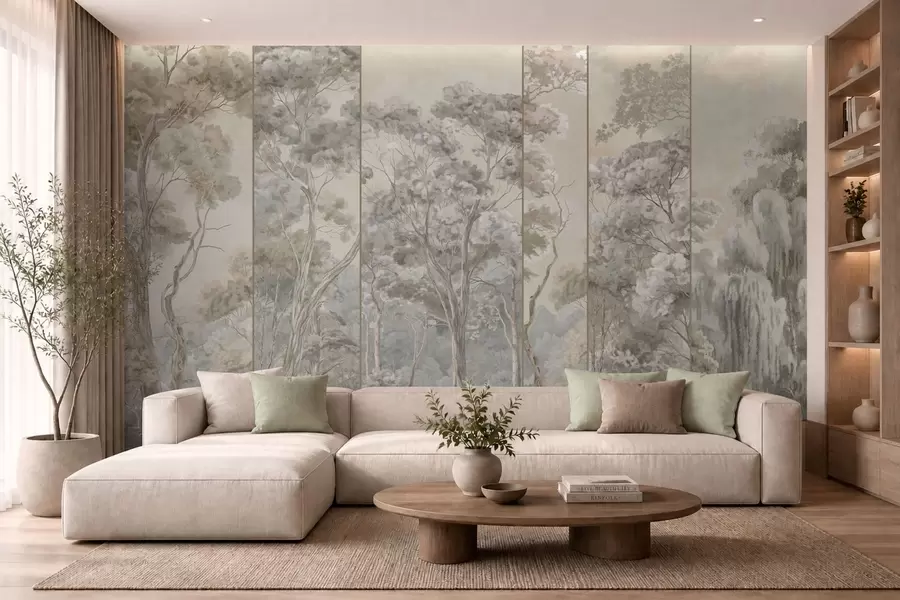 murales de pared Un bosque panorámico con árboles altos en tonos suaves w05811v2