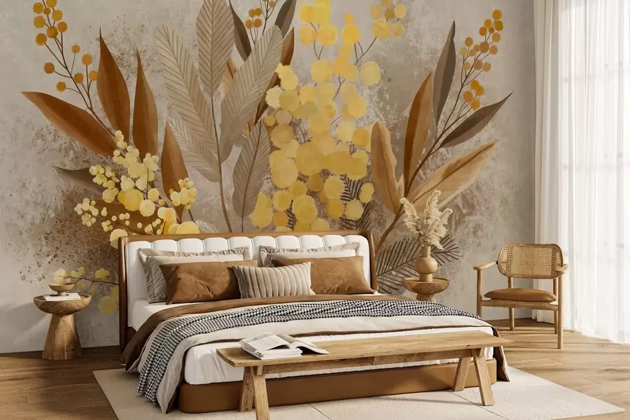 murales de pared Ramas de mimosa pintadas y un herbario en tonos cálidos w05659