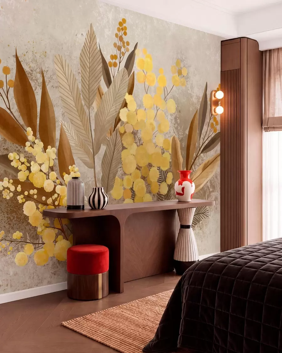 murales de pared Ramas de mimosa pintadas y un herbario en tonos cálidos w05659